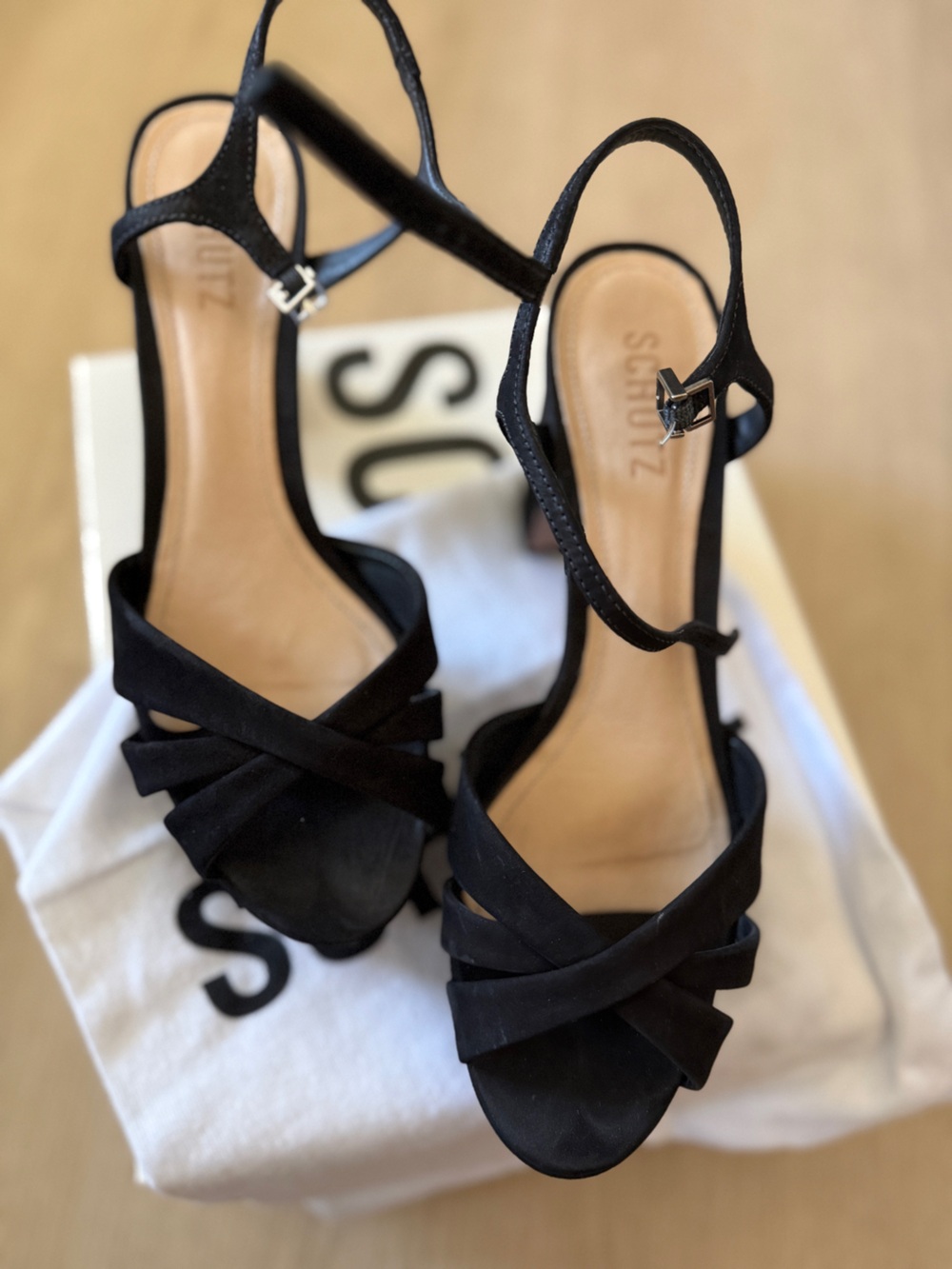 Strom Black Suede Crisscross Ankle-Strap Heels